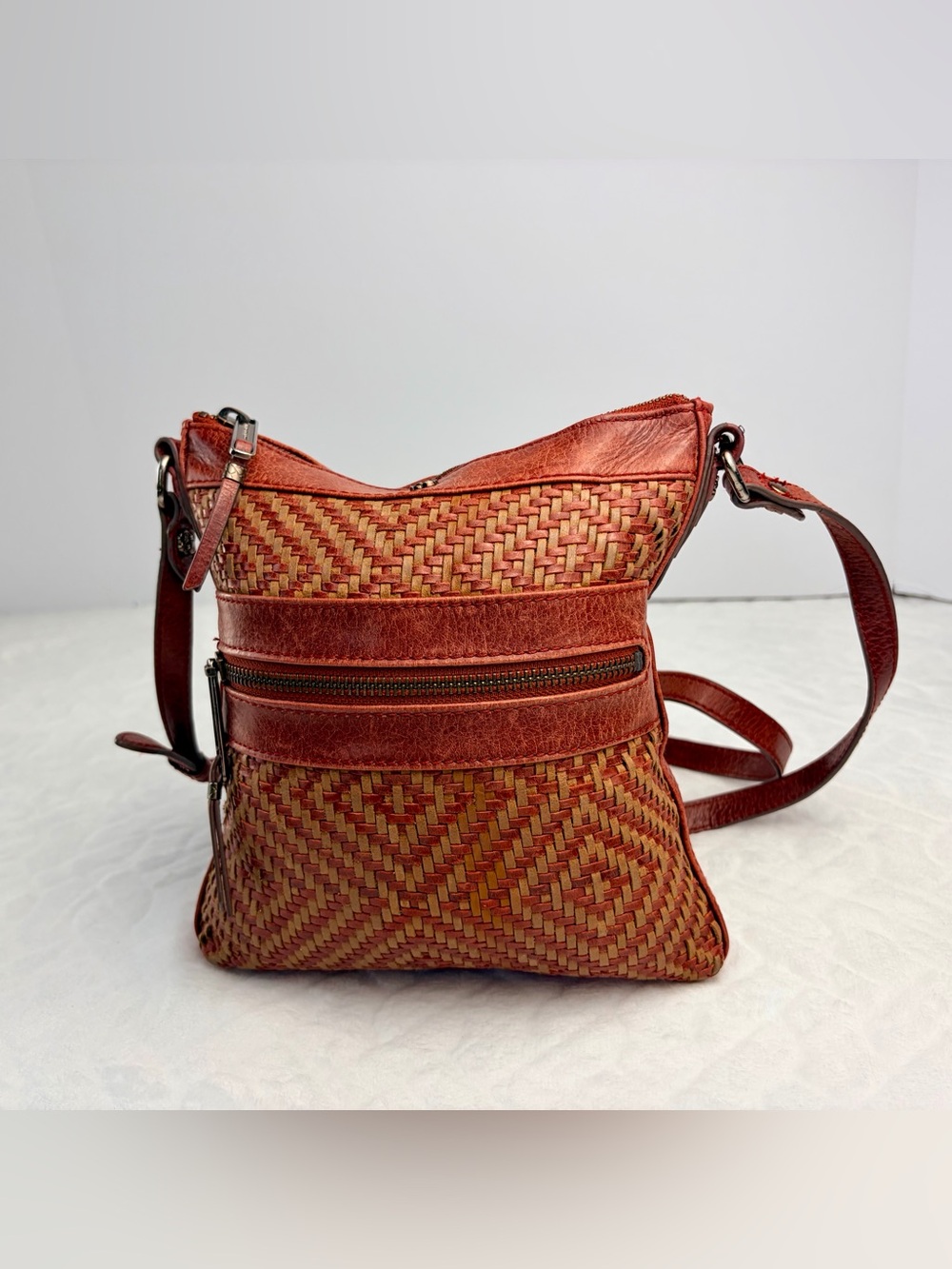 Elliott Lucca leather ‘ox blood’ intricate  weave crossbody bag wearable art